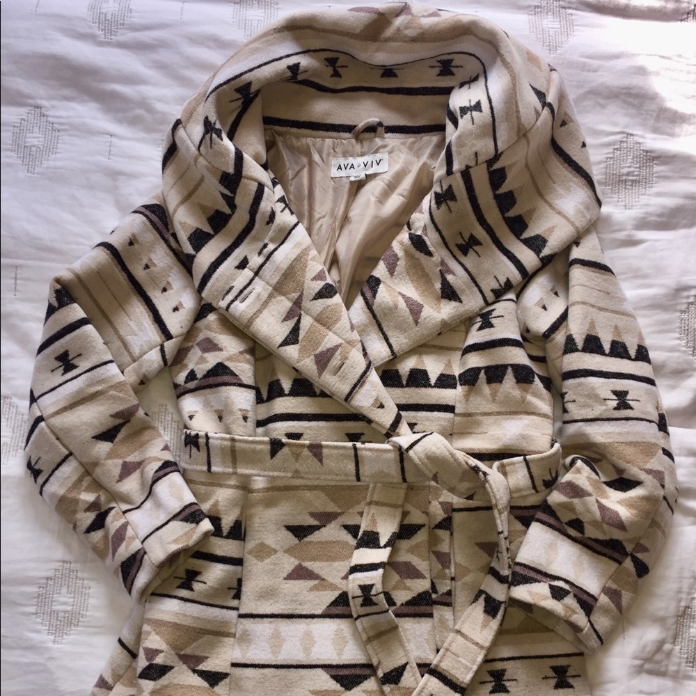 Southwest print shawl collar wrap coat